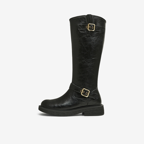 百思图2024冬季新款时尚户外街头骑士靴高筒靴粗跟女长靴W0819DG4