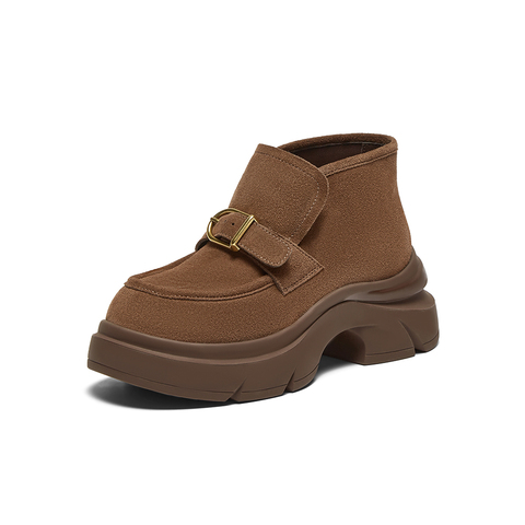 百思图2024冬季新款商场同款复古加绒勃肯鞋粗跟女单鞋UPV03DD4