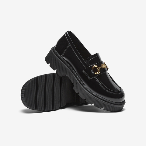 百思图2024春季新款时尚复古学院风通勤乐福鞋粗跟女单鞋W7111AA4