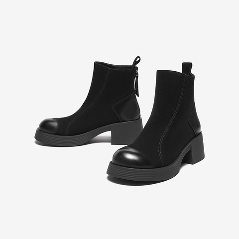 百思图2024冬季新款商场同款简约通勤时装靴粗跟女短靴U6588DD4