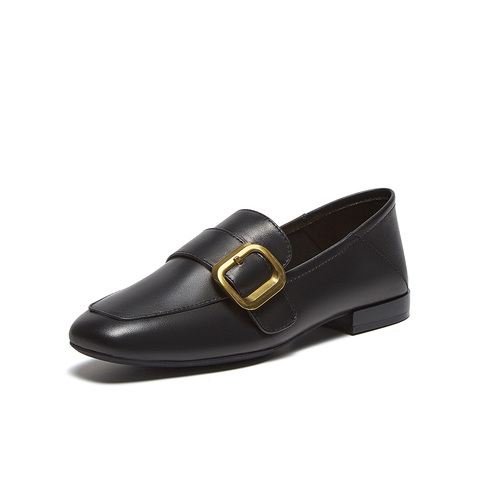 百思图2025春季新款简约金属扣乐福鞋粗跟方头女单鞋A0517AA5