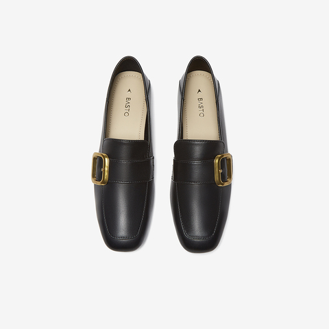 百思图2025春季新款简约金属扣乐福鞋粗跟方头女单鞋A0517AA5