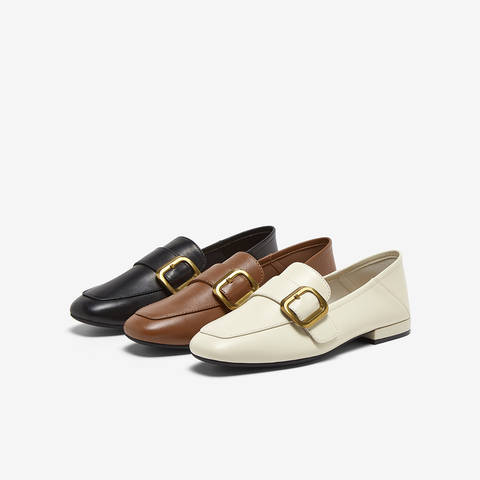 百思图2025春季新款简约金属扣乐福鞋粗跟方头女单鞋A0517AA5