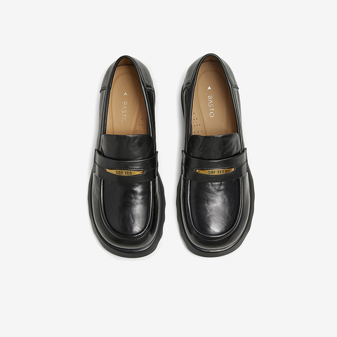 百思图2025春季新款商场同款简约金属扣乐福鞋粗跟女单鞋BV071AA5