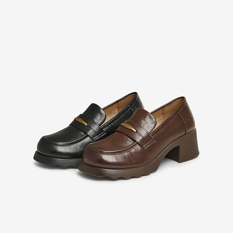 百思图2025春季新款商场同款简约金属扣乐福鞋粗跟女单鞋BV071AA5