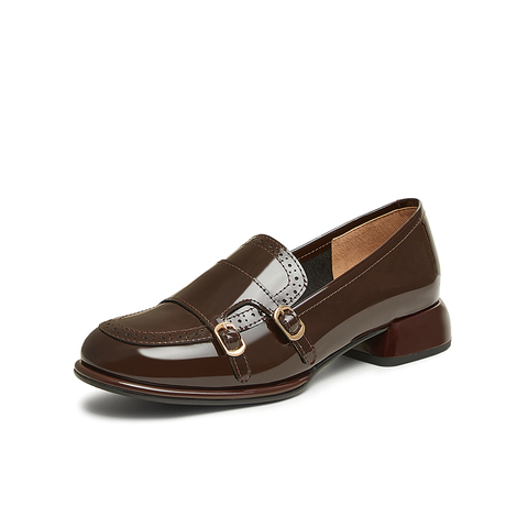 百思图2025春季新款时尚通勤乐福鞋粗跟圆头女单鞋A1819AA5