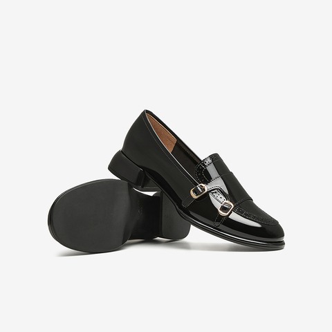 百思图2025春季新款时尚通勤乐福鞋粗跟圆头女单鞋A1819AA5