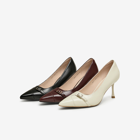 百思图2025春季新款简约时尚通勤细跟尖头浅口女单鞋AC311AQ5