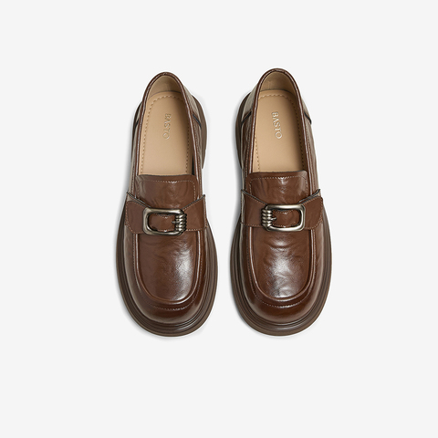 百思图2025春季新款商场同款简约学院乐福鞋粗跟女单鞋W6231AA5