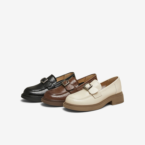 百思图2025春季新款商场同款简约学院乐福鞋粗跟女单鞋W6231AA5