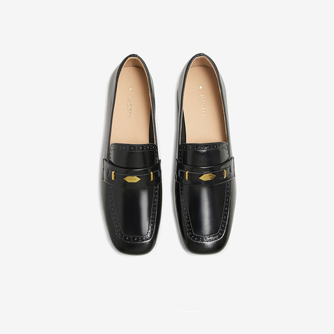 百思图2025春季新款商场同款简约通勤乐福鞋粗跟女单鞋A3876AA5