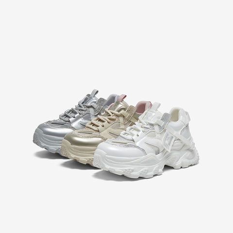 百思图2025夏新款商场同款时尚银色老爹鞋厚底女休闲鞋鞋B2155BM5