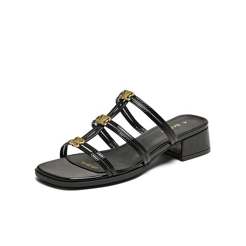 百思图2025夏季新款商场同款时尚复古时装粗跟女拖鞋B5379BT5