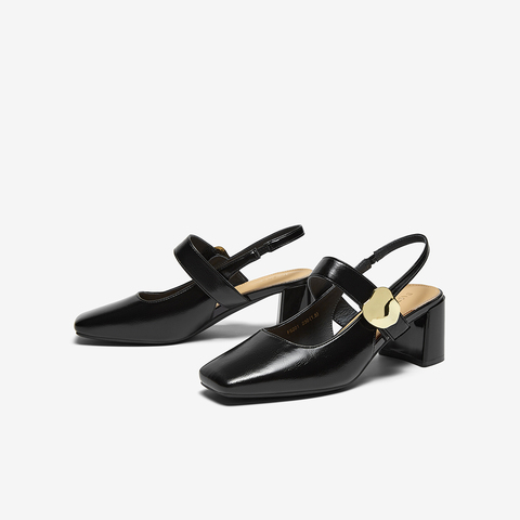 百思图2025夏季新款商场同款简约粗高跟方头后空女凉鞋鞋F5201BH5