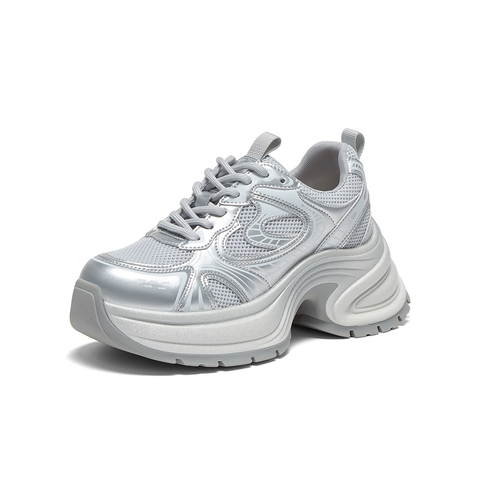 百思图2025夏季新款时尚户外银色老爹鞋厚底增高女休闲鞋D3018BM5