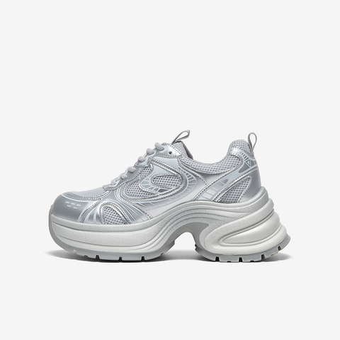 百思图2025夏季新款时尚户外银色老爹鞋厚底增高女休闲鞋D3018BM5