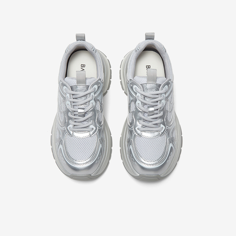 百思图2025夏季新款时尚户外银色老爹鞋厚底增高女休闲鞋D3018BM5