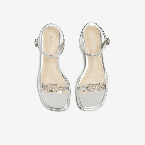 百思图2025夏季新款商场同款时尚简约一字带粗跟女凉鞋TFJ01BL5