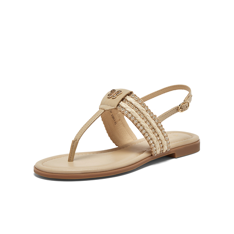 百思图2025夏季新款时尚复古户外休闲一字带夹趾女凉鞋C2107BL5