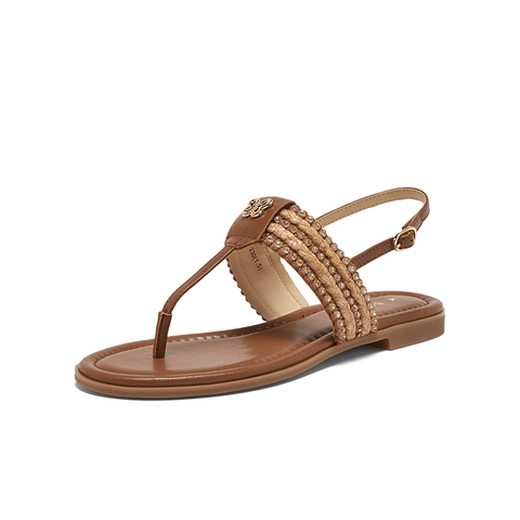 百思图2025夏季新款时尚复古户外休闲一字带夹趾女凉鞋C2107BL5