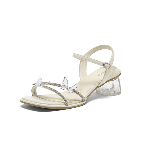 百思图2025夏季新款时尚潮流通勤一字带粗跟女凉鞋BP925BL5