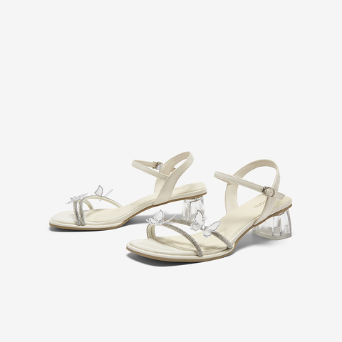 百思图2025夏季新款时尚潮流通勤一字带粗跟女凉鞋BP925BL5