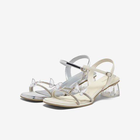 百思图2025夏季新款时尚潮流通勤一字带粗跟女凉鞋BP925BL5