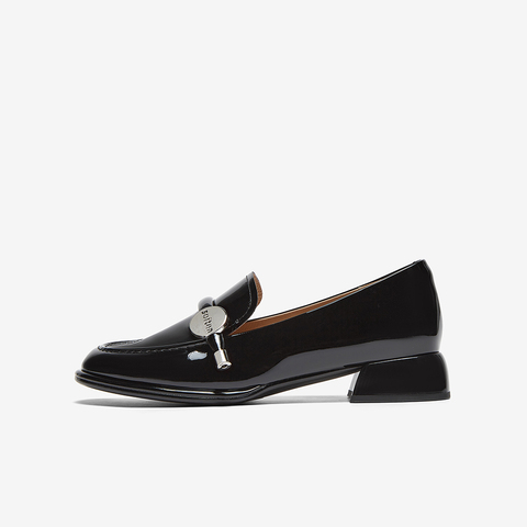 百思图2025春季新款简约时尚乐福鞋粗跟圆头女单鞋S2551AA5