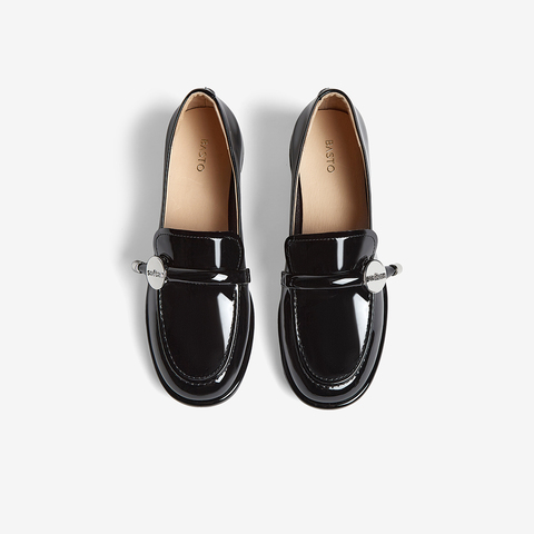 百思图2025春季新款简约时尚乐福鞋粗跟圆头女单鞋S2551AA5