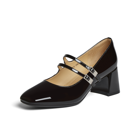 百思图2025秋季新款玛丽珍鞋时尚潮流方头粗跟浅口女单鞋C5212CQ5