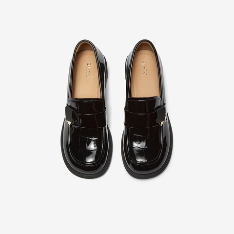 百思图2025秋季新款商场同款乐福鞋时尚通勤粗跟女单鞋O8138CA5