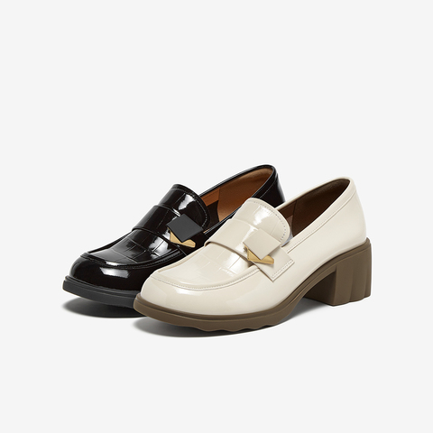 百思图2025秋季新款商场同款乐福鞋时尚通勤粗跟女单鞋O8138CA5