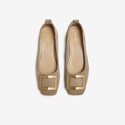 百思图2025秋季新款单鞋简约时尚金属扣粗跟方头女鞋B0016CQ5