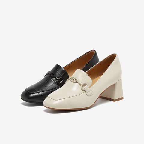 百思图2025秋季新款商场同款乐福鞋时尚通勤粗跟女单鞋C1008CA5