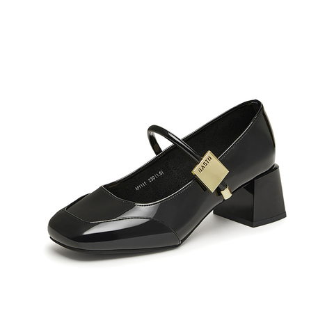 百思图2025春季新款时尚简约法式玛丽珍鞋粗跟女单鞋M1111AQ5