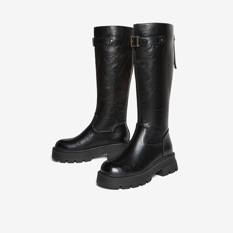 百思图2025冬季新款商场同款骑士靴街头潮流粗跟女长靴F2021DG5