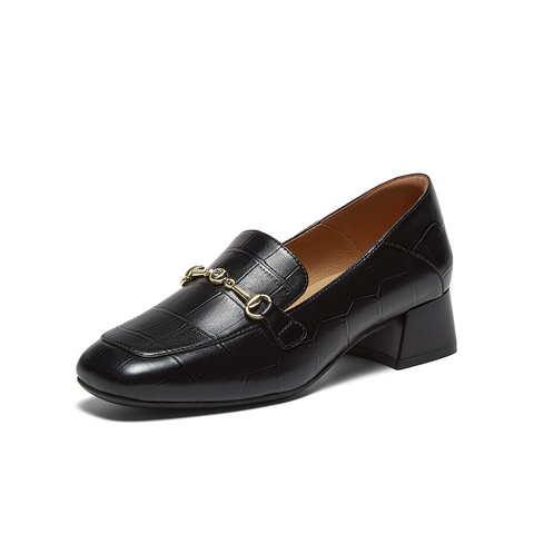 百思图2025秋季新款乐福鞋时尚复古通勤粗跟方头女单鞋TL527CA5