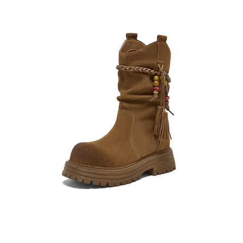 百思图2025冬季新款堆堆靴时尚潮流街头复古女中靴W0759DS5