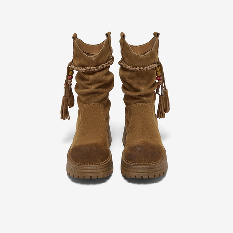 百思图2025冬季新款堆堆靴时尚潮流街头复古女中靴W0759DS5