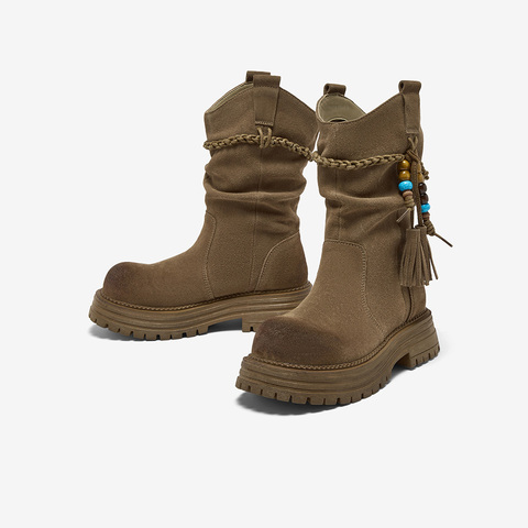 百思图2025冬季新款堆堆靴时尚潮流街头复古女中靴W0759DS5