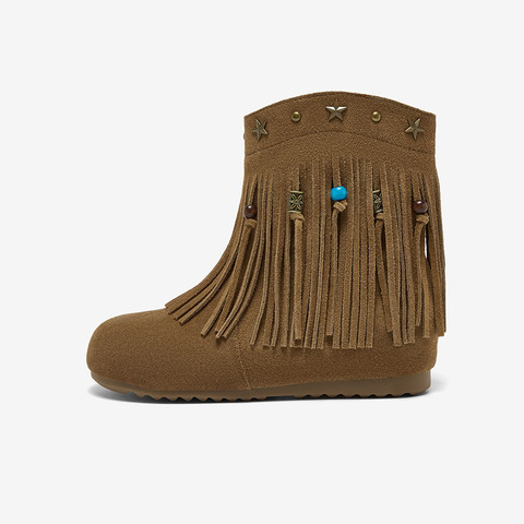 百思图2025冬季新款流苏靴时尚潮流街头平跟女短靴K5015DZ5