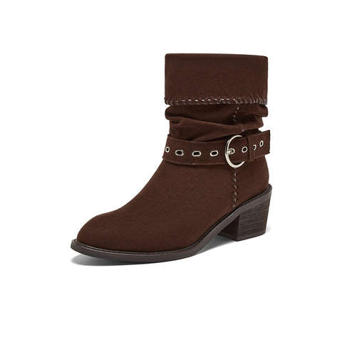 百思图2025冬季新款西部靴时尚潮流堆堆靴粗跟尖头女中靴B2732DZ5