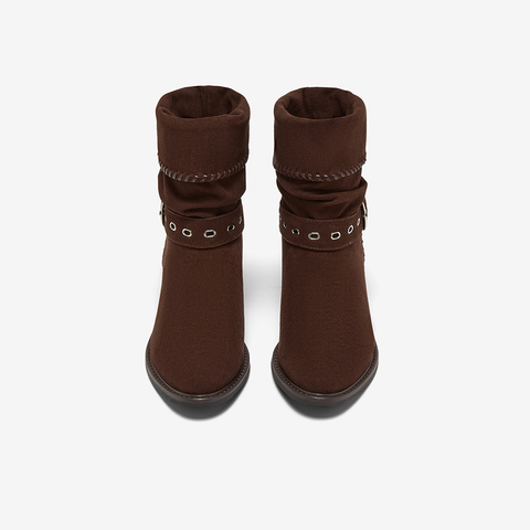 百思图2025冬季新款西部靴时尚潮流堆堆靴粗跟尖头女中靴B2732DZ5