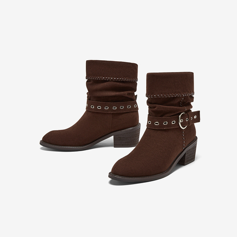 百思图2025冬季新款西部靴时尚潮流堆堆靴粗跟尖头女中靴B2732DZ5