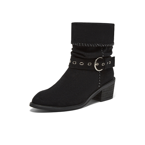 百思图2025冬季新款西部靴时尚潮流堆堆靴粗跟尖头女中靴B2732DZ5