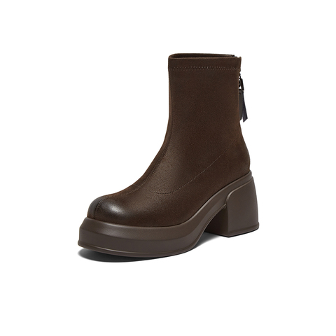 百思图2025冬季新款商场同款时装靴时尚潮流粗跟女中靴E5037DZ5