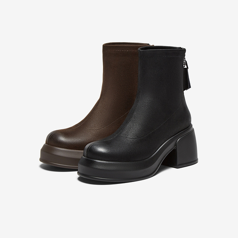 百思图2025冬季新款商场同款时装靴时尚潮流粗跟女中靴E5037DZ5