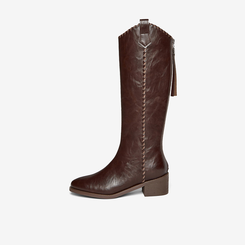 百思图2025冬季新款骑士靴时尚街头潮流粗跟尖头女长靴F3017DG5