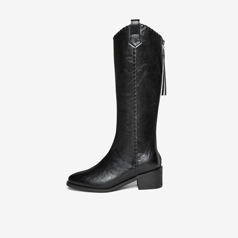 百思图2025冬季新款骑士靴时尚街头潮流粗跟尖头女长靴F3017DG5