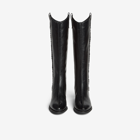 百思图2025冬季新款骑士靴时尚街头潮流粗跟尖头女长靴F3017DG5